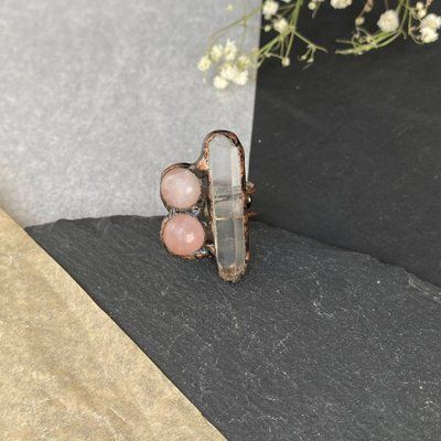 Мідна каблучка з натуральним каменем рожевий кварц+гірський кришталь mrii1_2753 фото